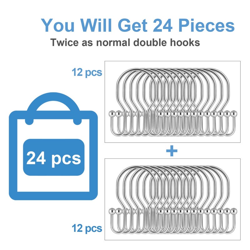 TENOVEL 24 Pack Double Shower Curtain Hooks Rings  TENOVEL Double Sided Shower Curtain Hooks Rust Proof for Shower Curtain  Stainless Steel Bathroom Shower Hangers Rings for Shower Rods  Polished Chrome - Image 2